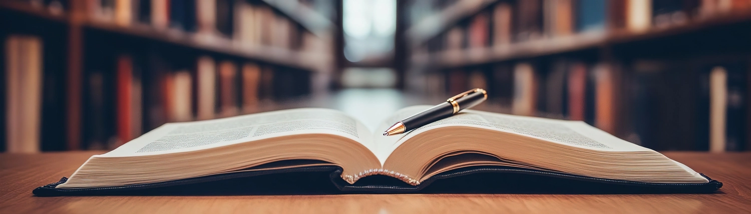 BD Medical Writing & Consulting - Ein aufgeschlagenes Buch mit einem Stift auf einem Holzschreibtisch, umgeben von Bücherregalen, symbolisiert Wissen und Lernen.