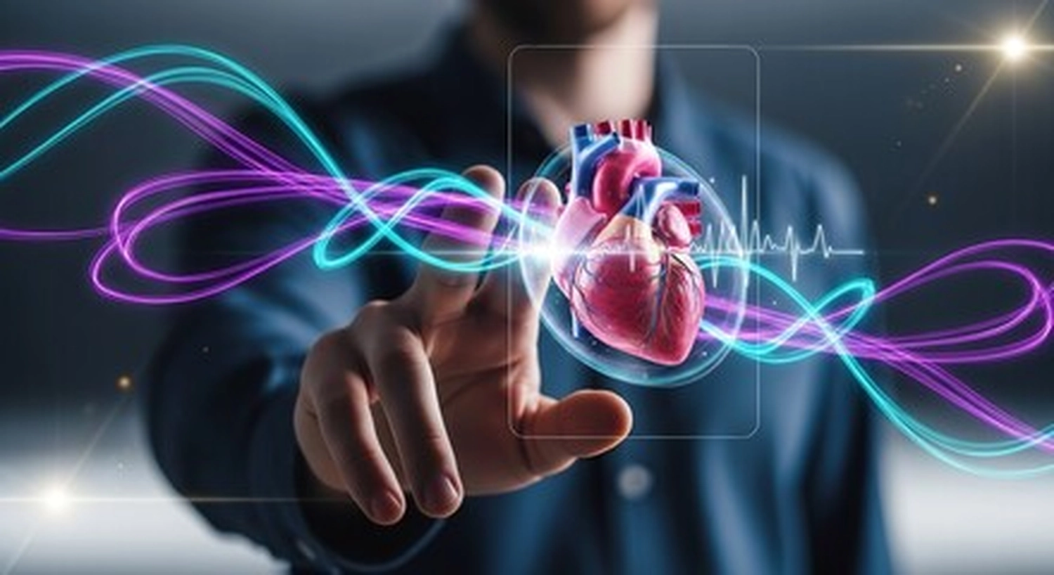 BD Medical Writing & Consulting - Eine abstrakte digitale Grafik zeigt eine Hand, die mit einem leuchtenden 3D-Herzhologramm interagiert, umgeben von lebhaften Neonlichtwellen.