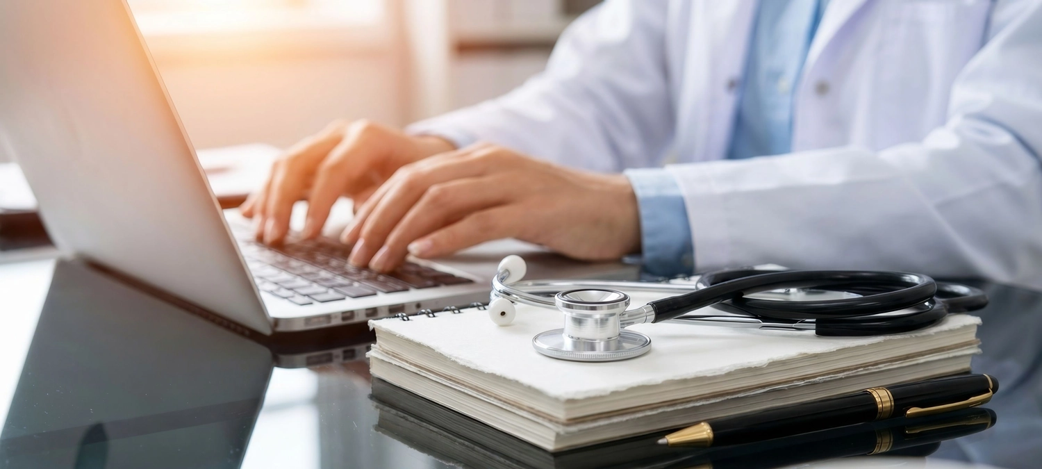 BD Medical Writing & Consulting - Digitale Gesundheitsversorgung, Wellness, Telemedizin, Innovation, Technologie, Arzt tippt Laptop, Klinik, Stethoskop und Patientenakte, Schreibtisch neben Kaffeetasse