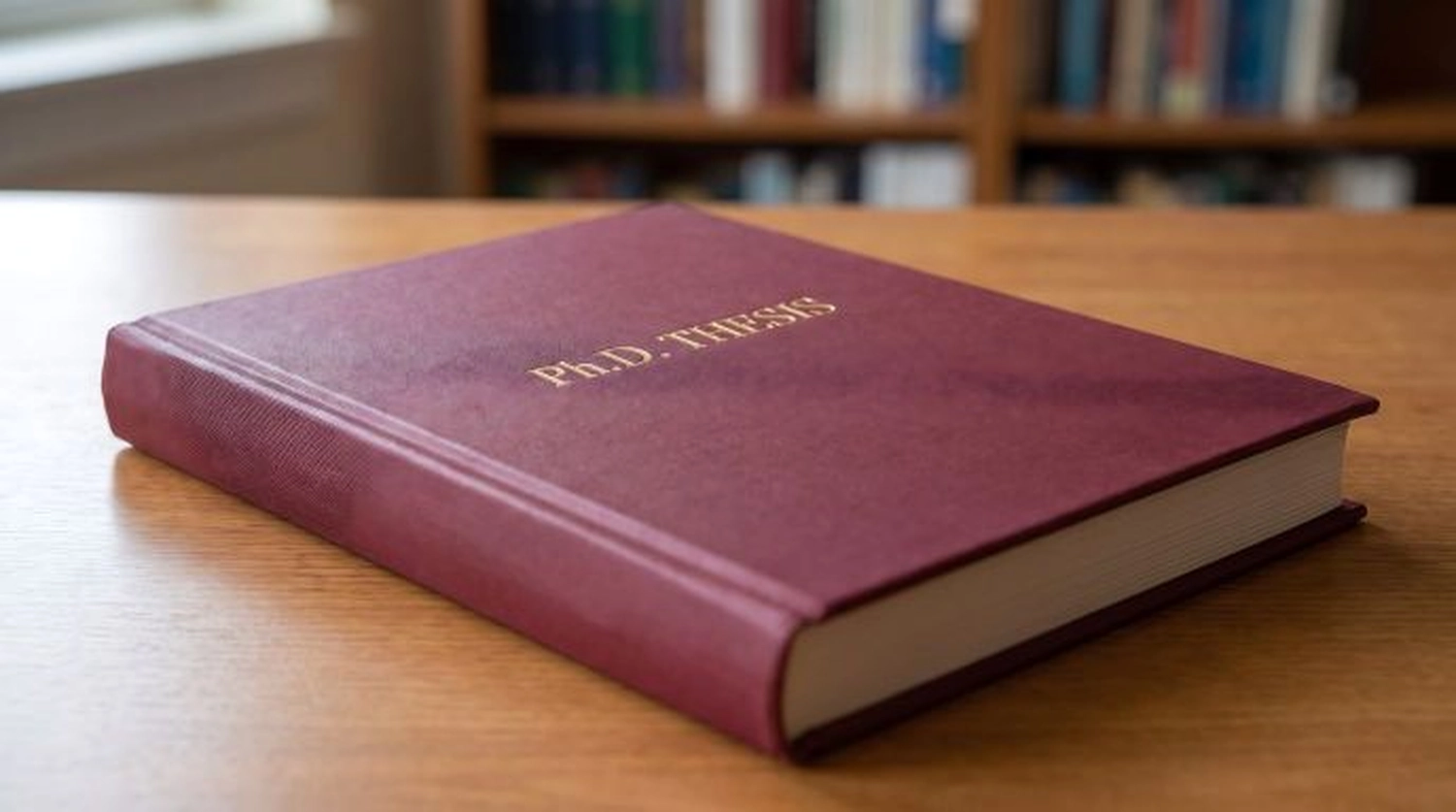 BD Medical Writing & Consulting - Dissertationsbuch mit bordeauxrotem Ledereinband, akademische Doktorarbeit auf einem Holzschreibtisch, professionelle Forschungspublikation in einer Bibliothek