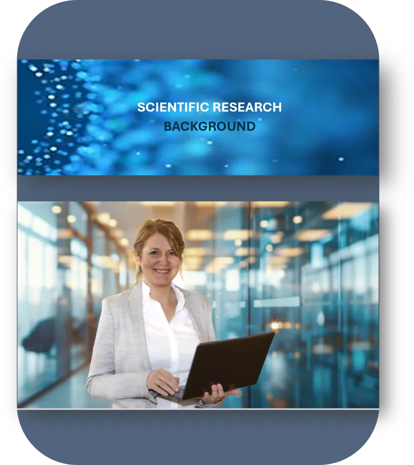 BD Medical Writing & Consulting - Eine Frau in einem grauen Blazer hält einen Laptop vor einem blauen Hintergrundbanner mit wissenschaftlichem Bezug.