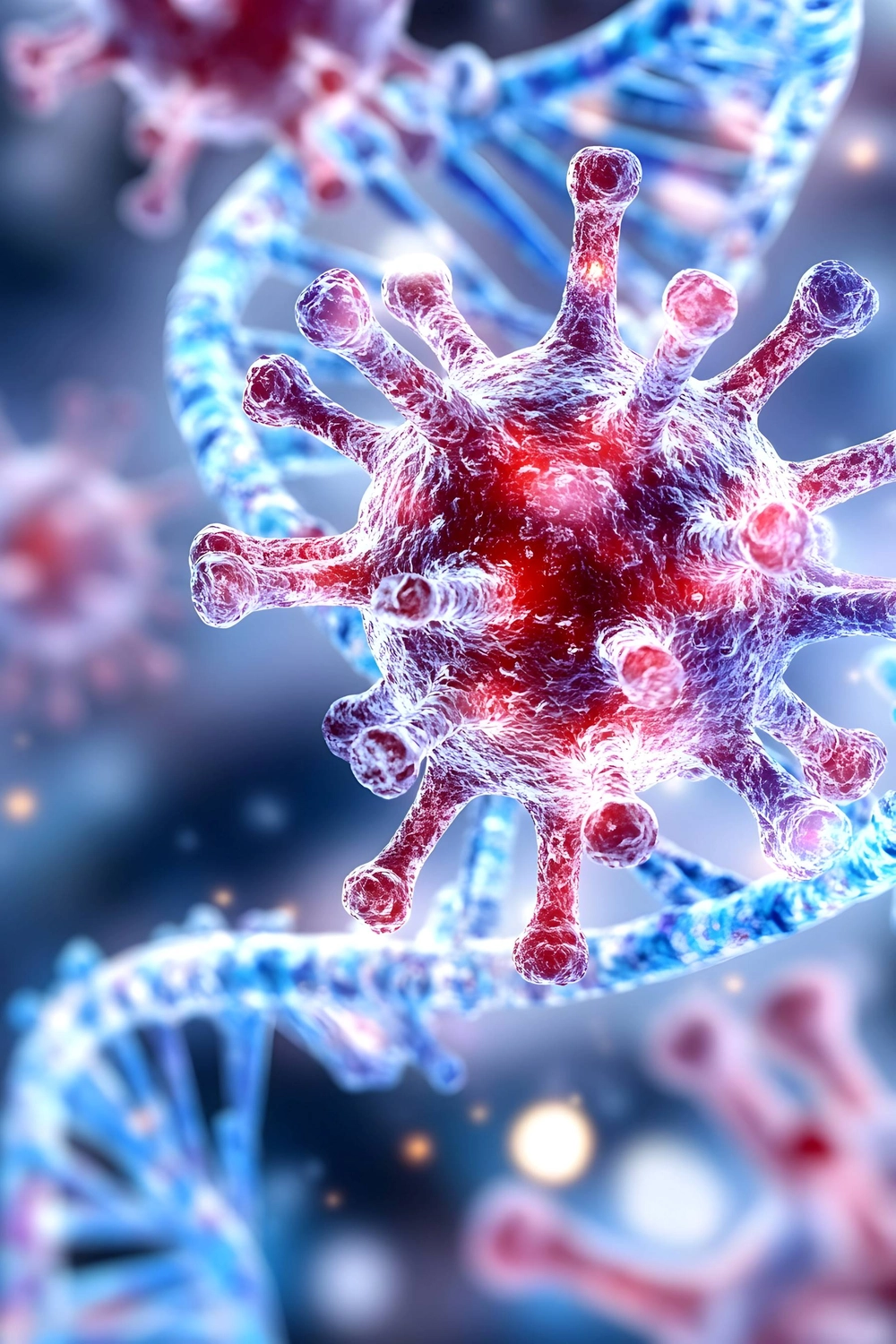 BD Medical Writing & Consulting - Eine 3D-Illustration eines mikroskopisch kleinen, kugelförmigen Viruspartikels mit markanten Oberflächenspitzen vor einem verschwommenen Hintergrund mit blauen DNA-Doppelhelixsträngen.